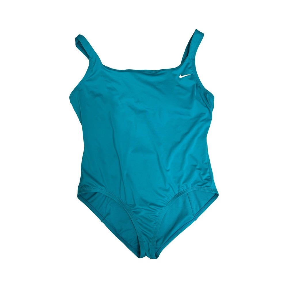 NIKE Women's One Piece Swimsuit L Teal Blue Swoosh Logo Athletic Performance